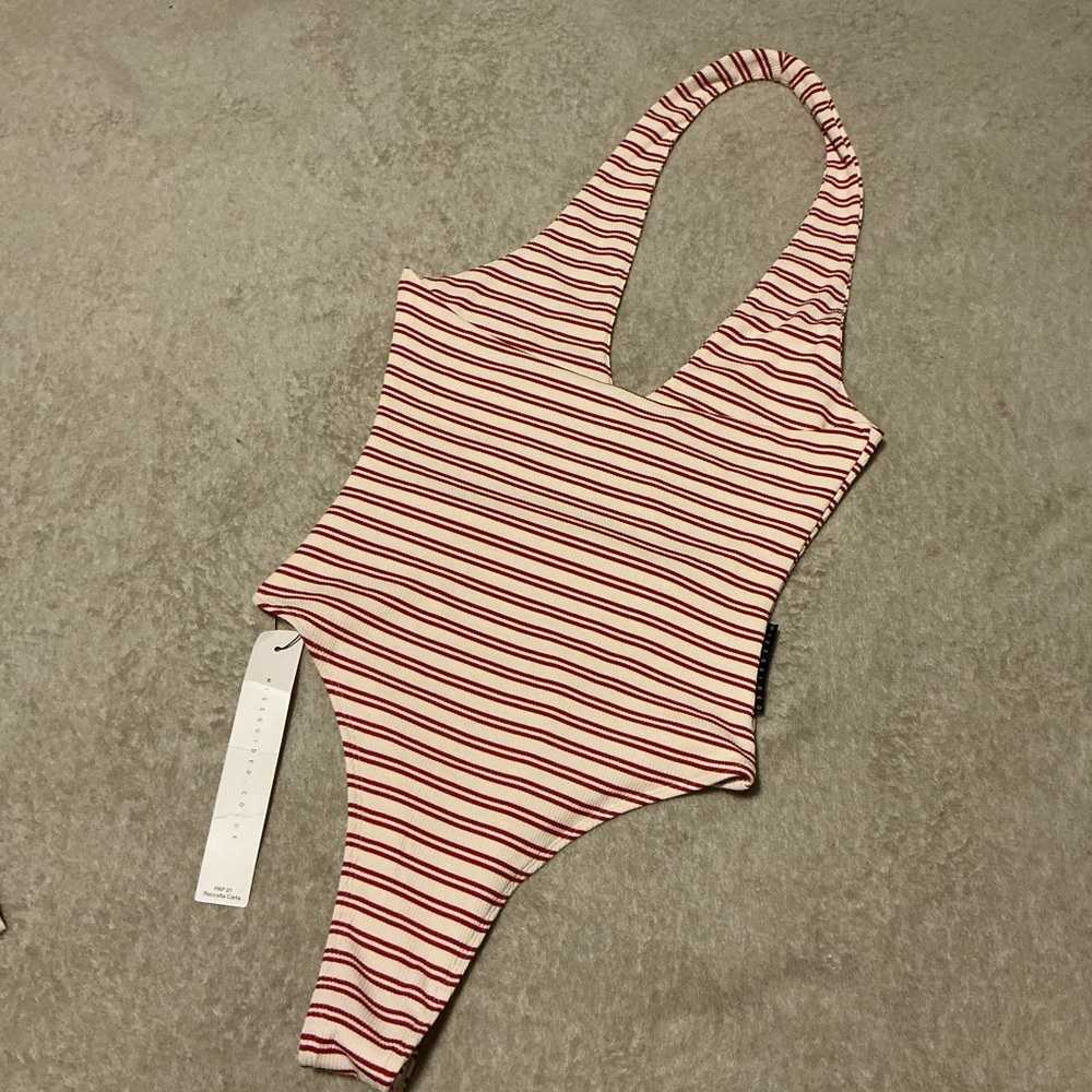Striped Red and White Halter Top Bodysuit Missguided